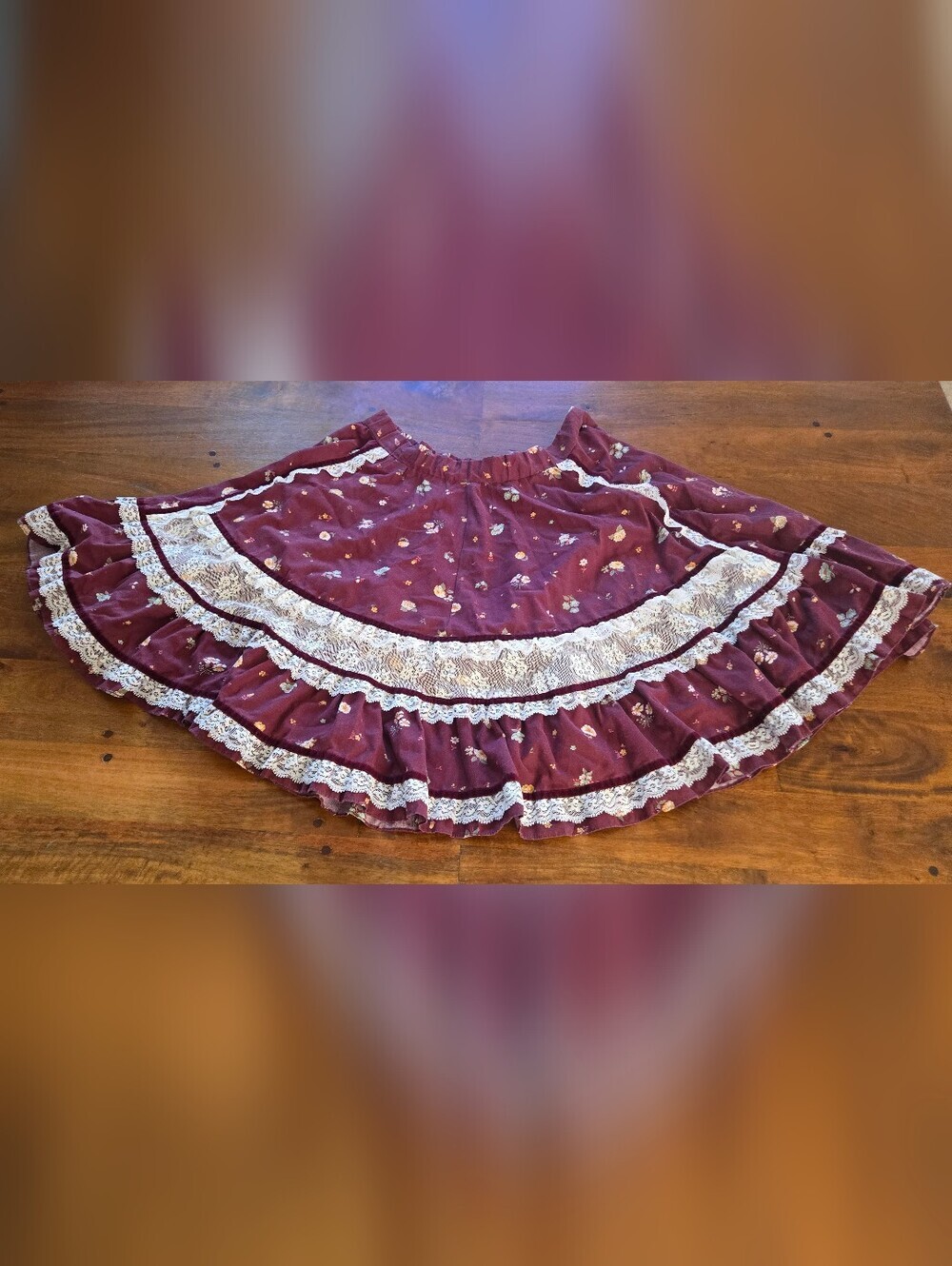 Jeri Bee Vintage 70s Burgundy Floral And Lace Circle Skirt Size Medium